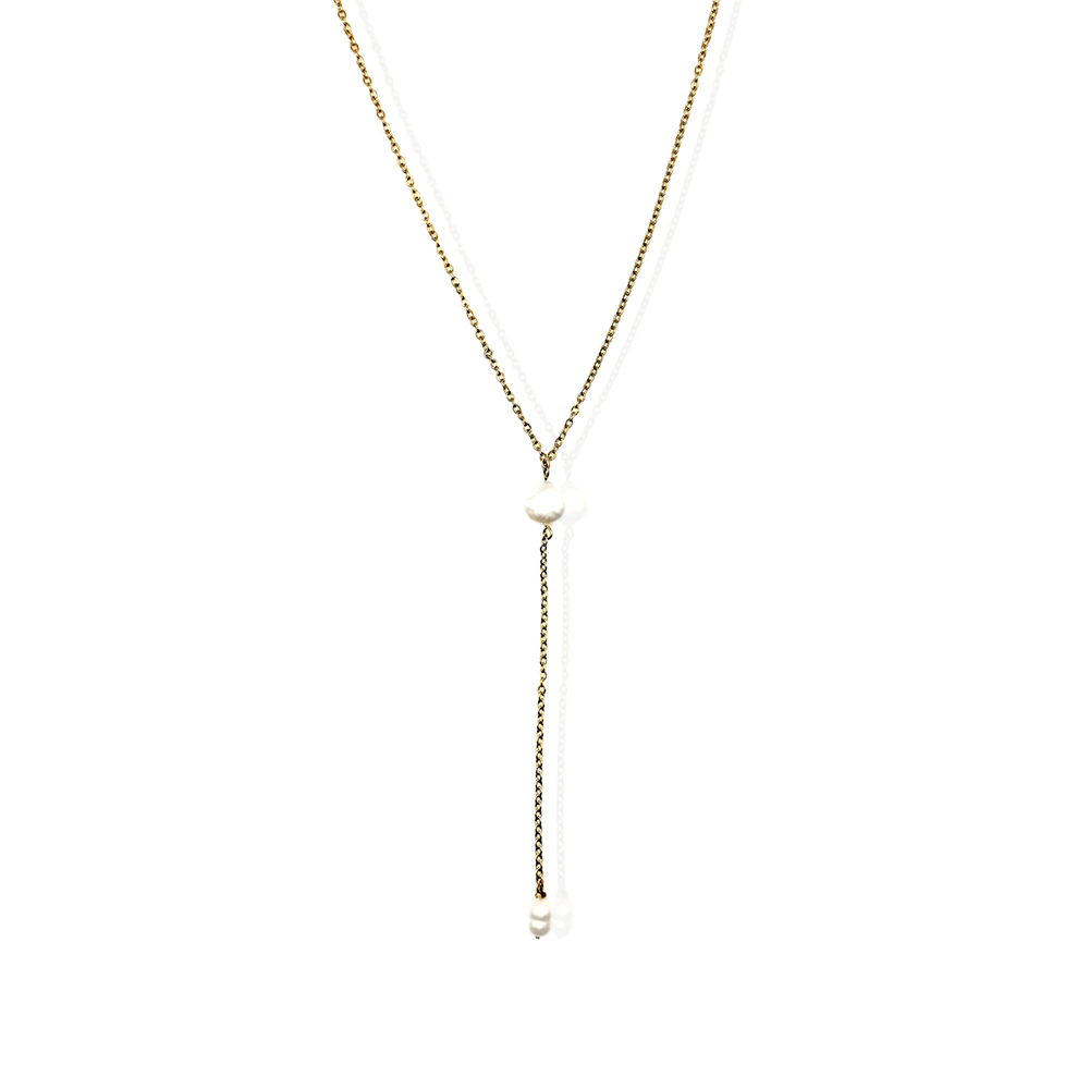 collier cravate en acier inoxydable et perle d'eau douce